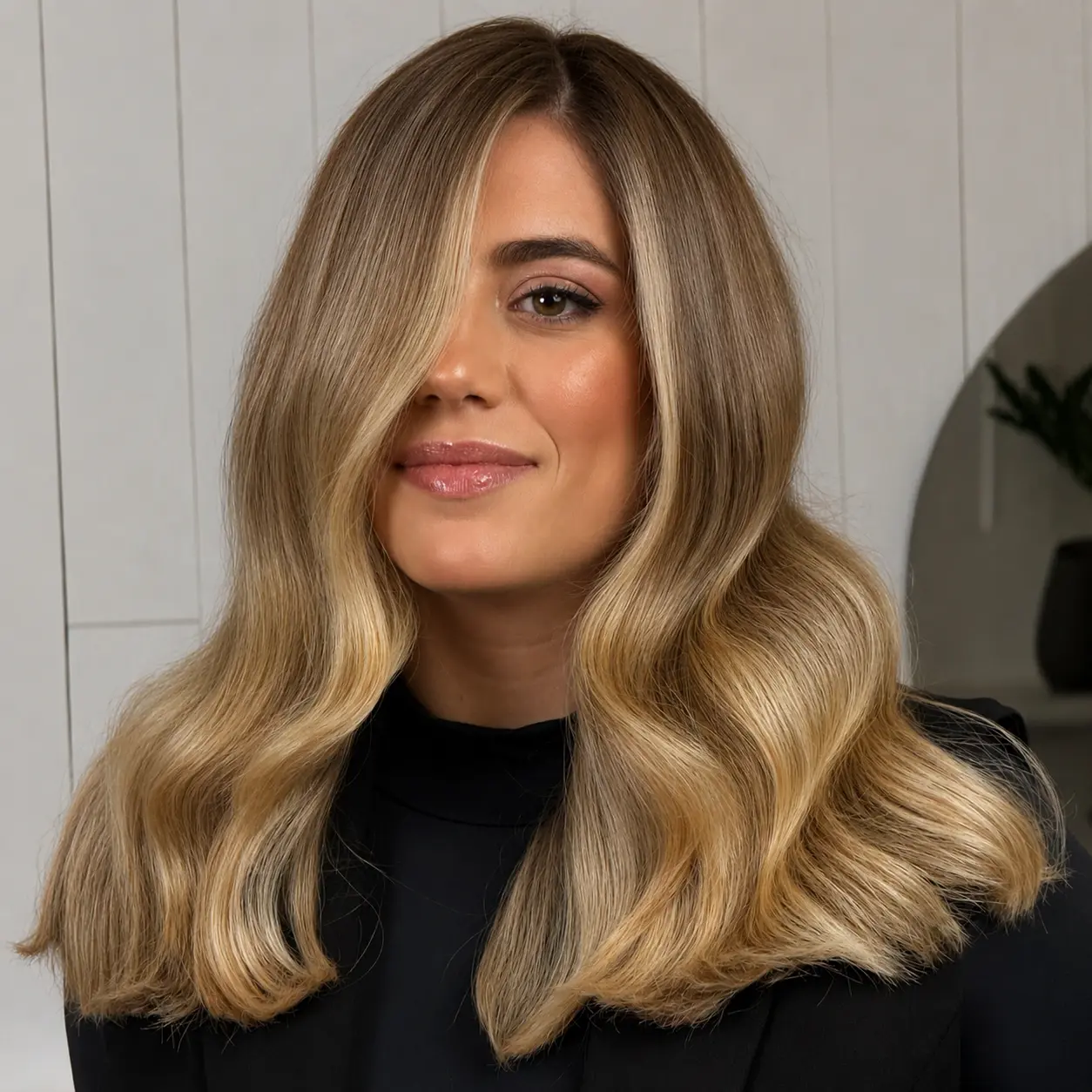Loiro iluminado com ondas suaves e raiz esfumada